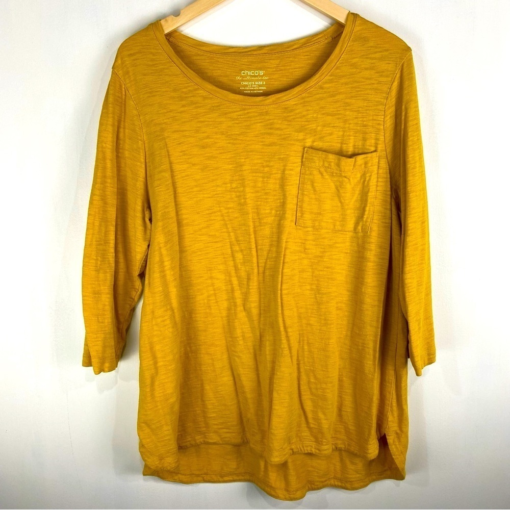 Chico's The Ultimate Tee Cotton Modal Pocket Shirt Top Mustard‎ Yellow 2 (Large)
